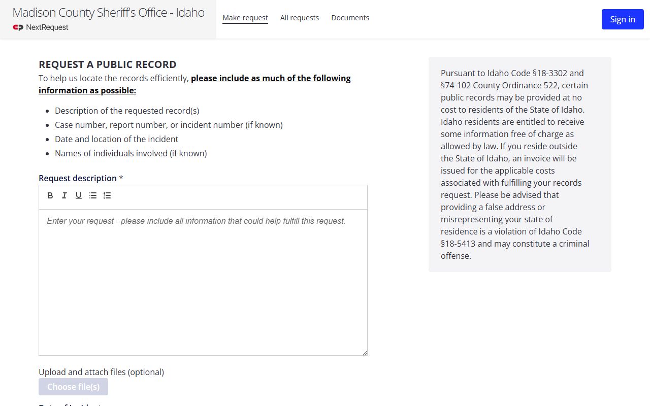 Madison County Clerk and Clerk of the District Court NextRequest form