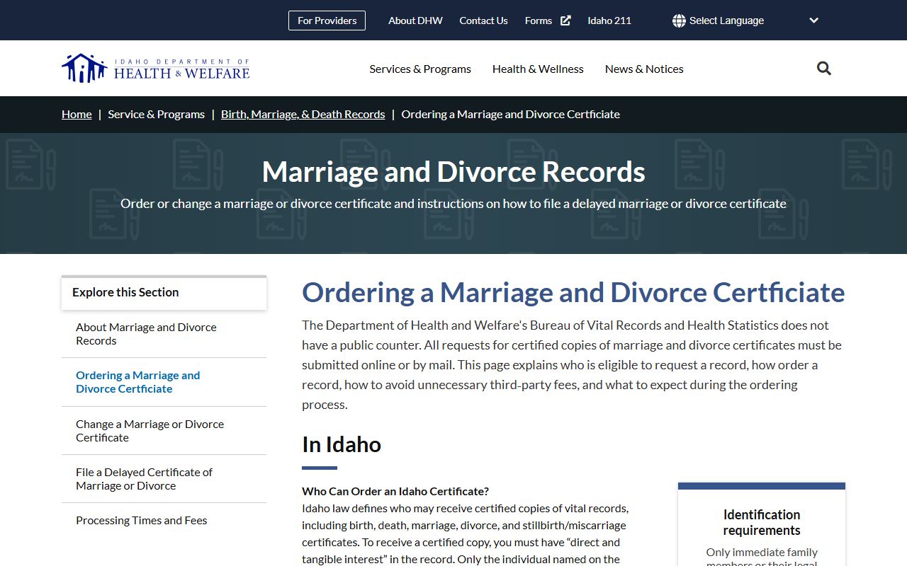 Madison County divorce records Idaho certificate ordering page