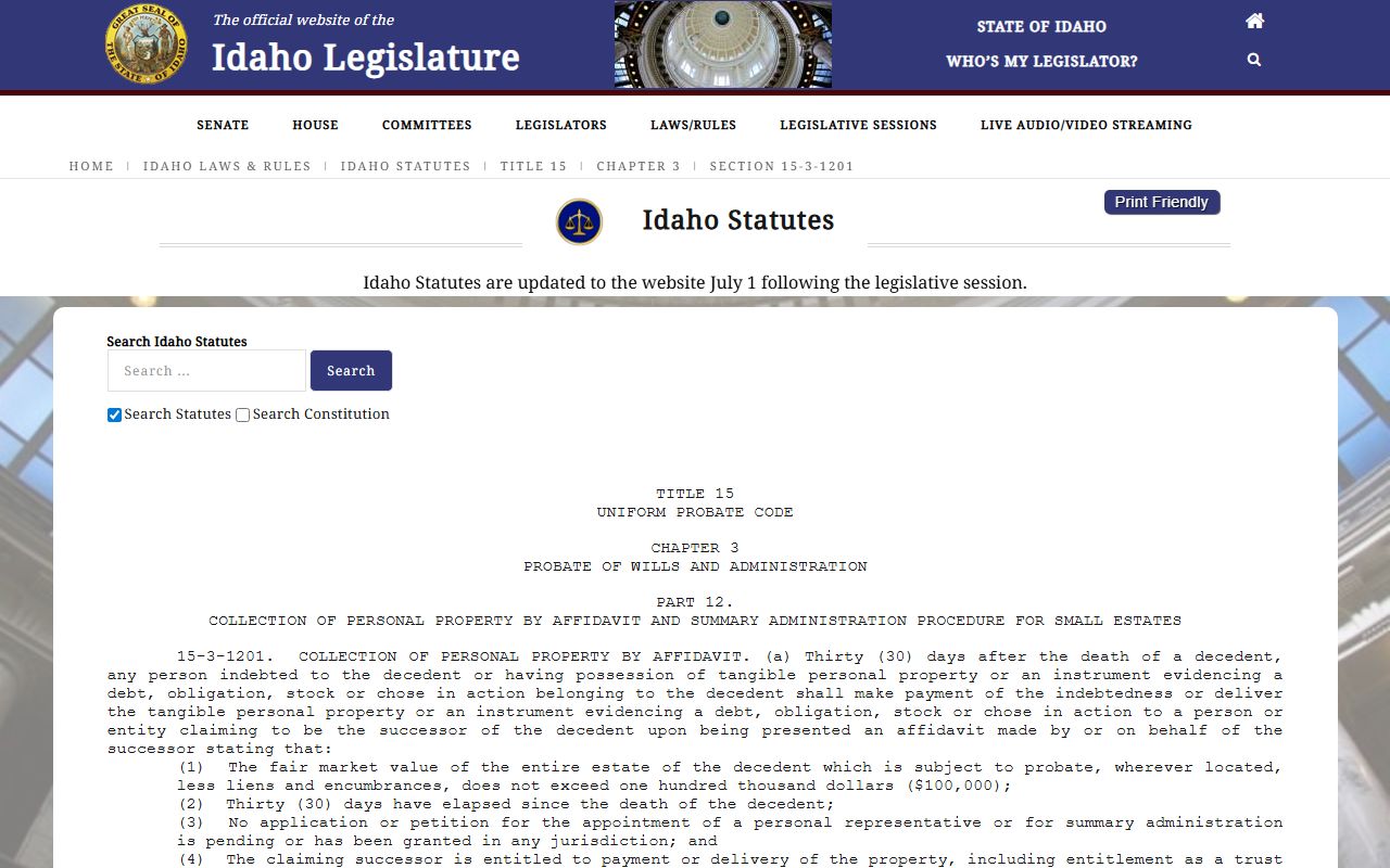 Madison County probate records Idaho small estate statute